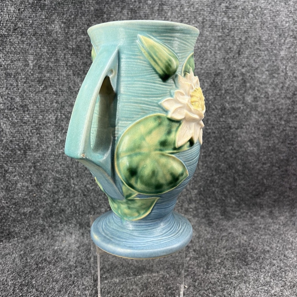 Roseville Pottery Blue Water Lily Double Handled 9" Vase 78-9 USA Green Lily Pad - Picture 4 of 15